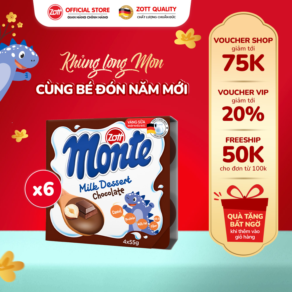 Giao Hoả tốc - COMBO 6 vỉ Váng sữa Zott Monte vị Socola nhập khẩu từ Đức (vỉ - 55g x 4 hũ)