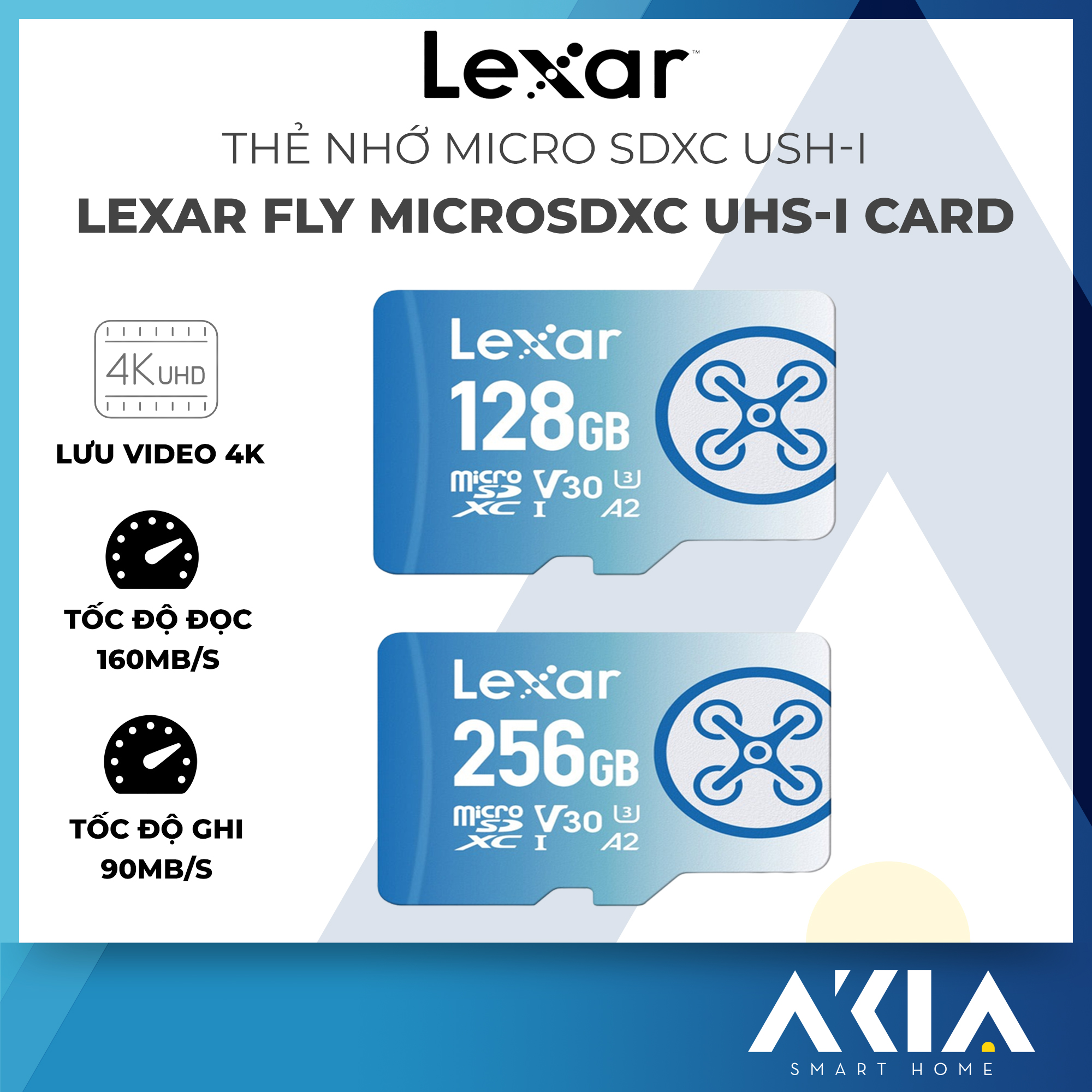 Thẻ nhớ micro sdxc 64gb/ 128gb/ 256gb lexar fly, lưu video 4k, tốc độ đọc 160mb/s, tốc độ ghi 90mb/s, bh 5 năm