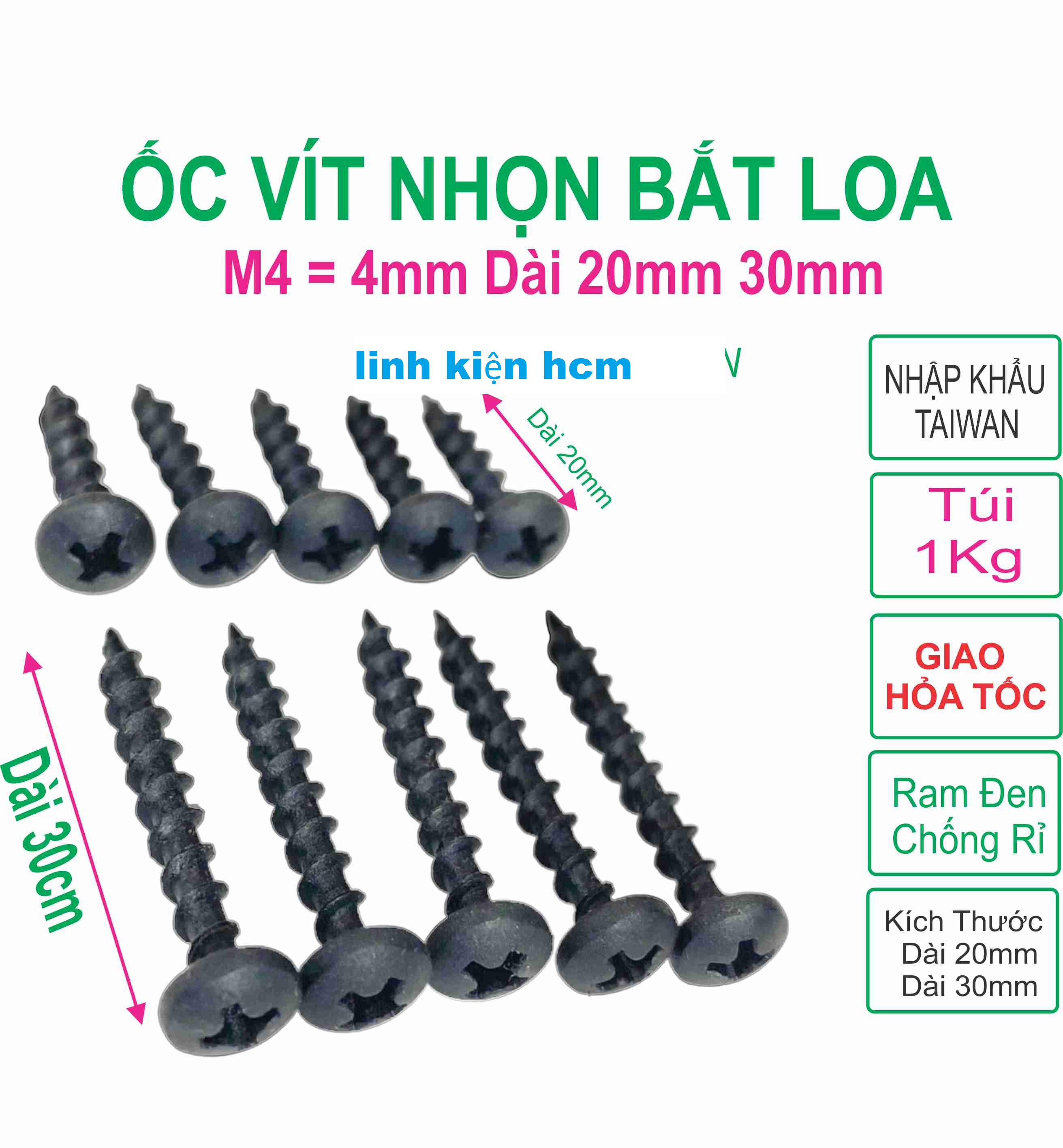 Ốc vít nhọn bắt thùng loa ren xoắn thưa taiwan m4 4x20 4x30