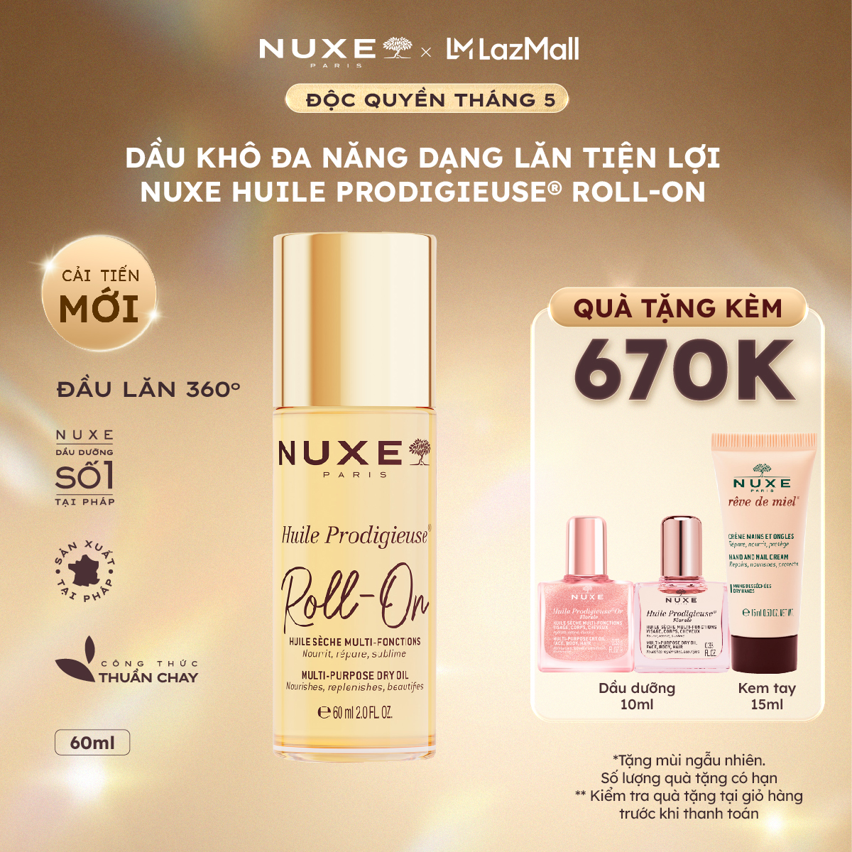 Dầu Khô Đa Năng Dạng Lăn Tiện Lợi Nuxe Huile Prodigieuse® ROLL-ON Multi-Purpose Dry Oil 60ML