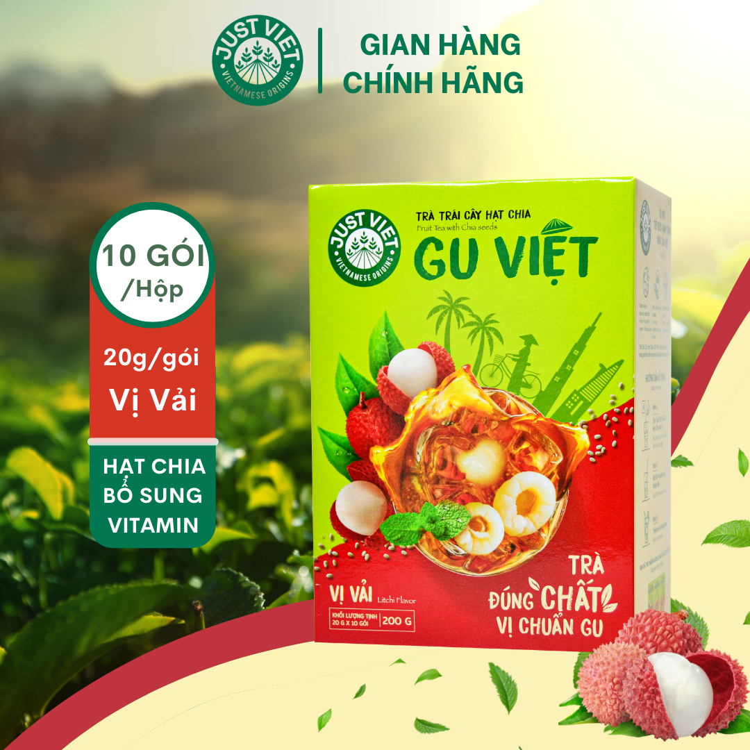 Trà Trái Cây Hạt Chia Just Viet - VỊ VẢI - Tiện Lợi Thơm Ngon - HỘP 10 GÓI x 20g