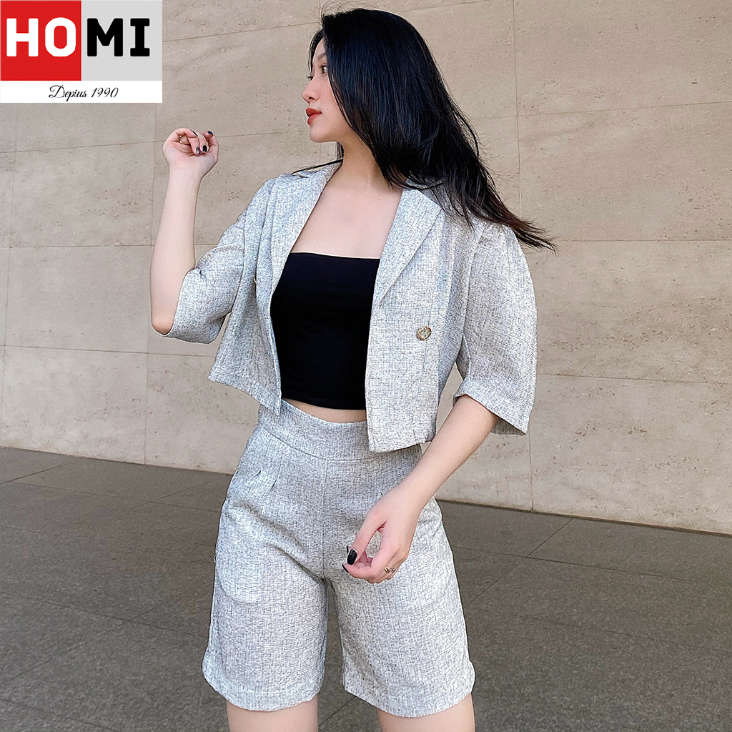 [HCM]Combo Set 2 món: Áo Vest Croptop quần Short HOMI FASHION MÀU Xám muối tiêu