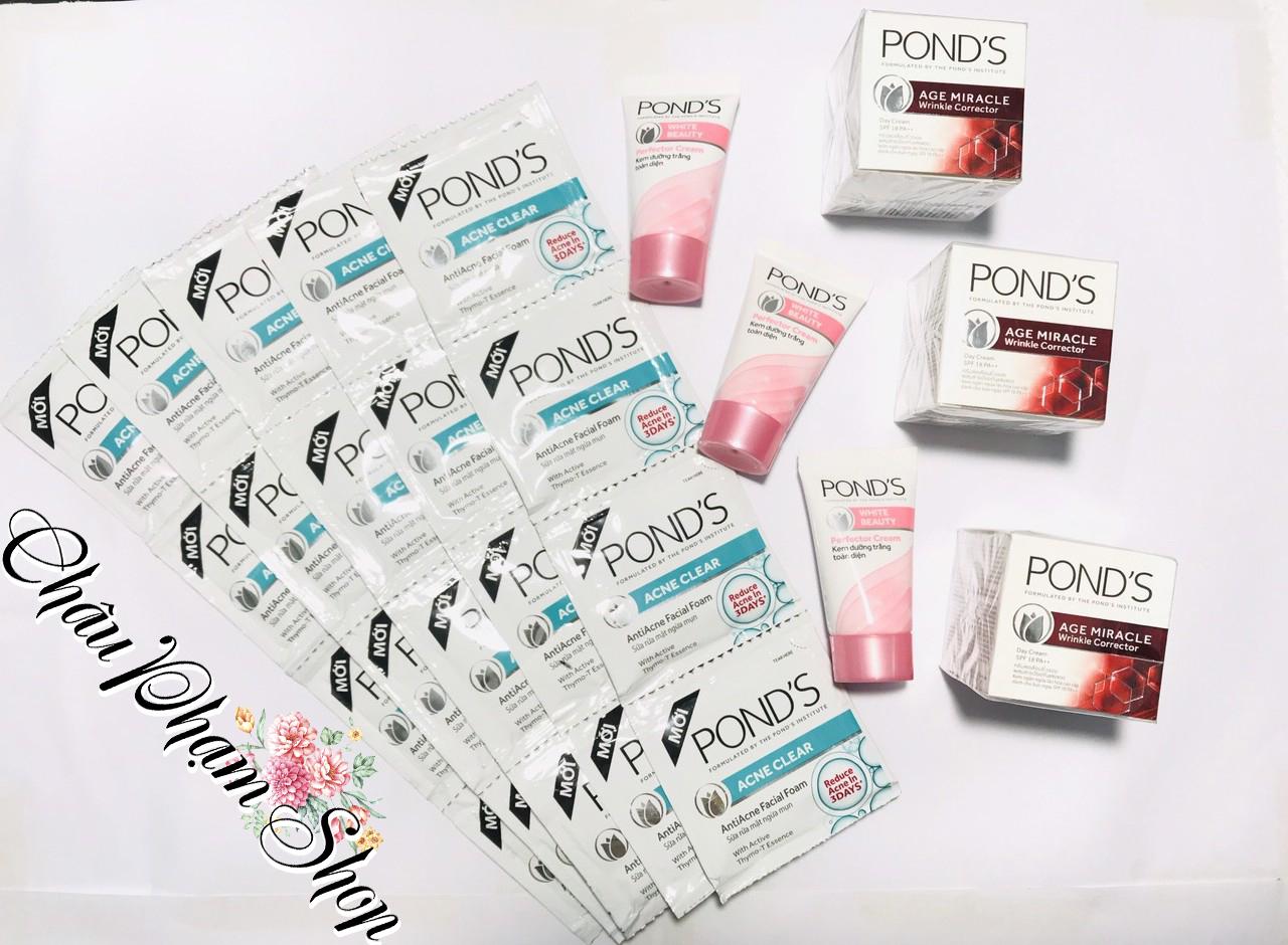 Mua trọn bộ 6 món dành cho nữ & Tặng 20 gói sữa rửa mặt ngừa mụn pond acnet clear : 3tuýp kem dưỡng trắng pond+ 3hộp kem ngăn ngừa lão hóa pond