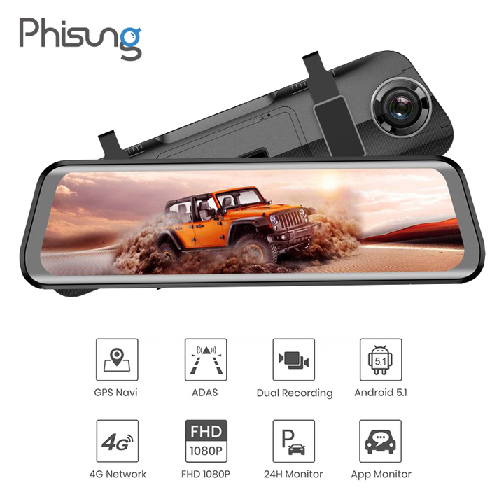 Camera hành trình gương cao cấp nhãn hiệu Phisung H58 tích hợp 4G Wifi màn hình 10 inch - Bảo hành 12 tháng