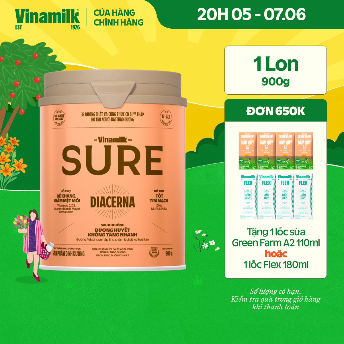 Sữa bột Dành cho người tiểu đường Vinamilk Sure Diecerna 900g