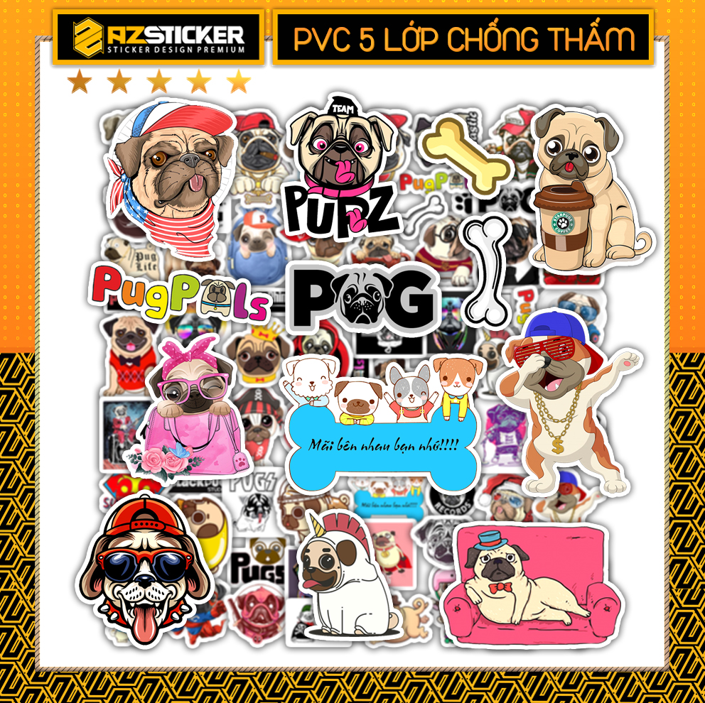 Sticker chó pug | dán nón bảo hiêm, điện thoại, laptop, bình nước...chống nước, chống bay màu