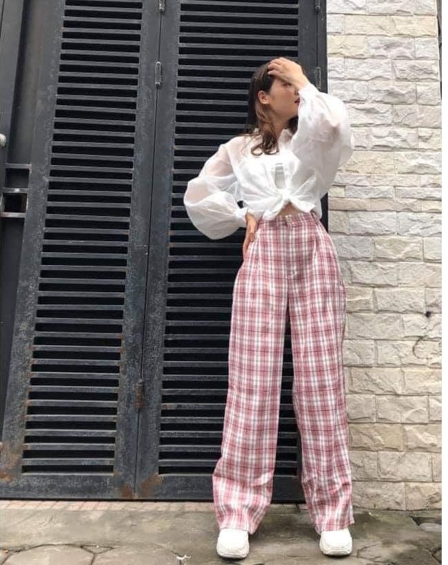 ( ẢNH THẬT) QUẦN ỐNG RỘNG KẺ CARO HỒNG CẠP CAO DÁNG DÀI THỜI TRANG HÀN QUỐC, AMELIA