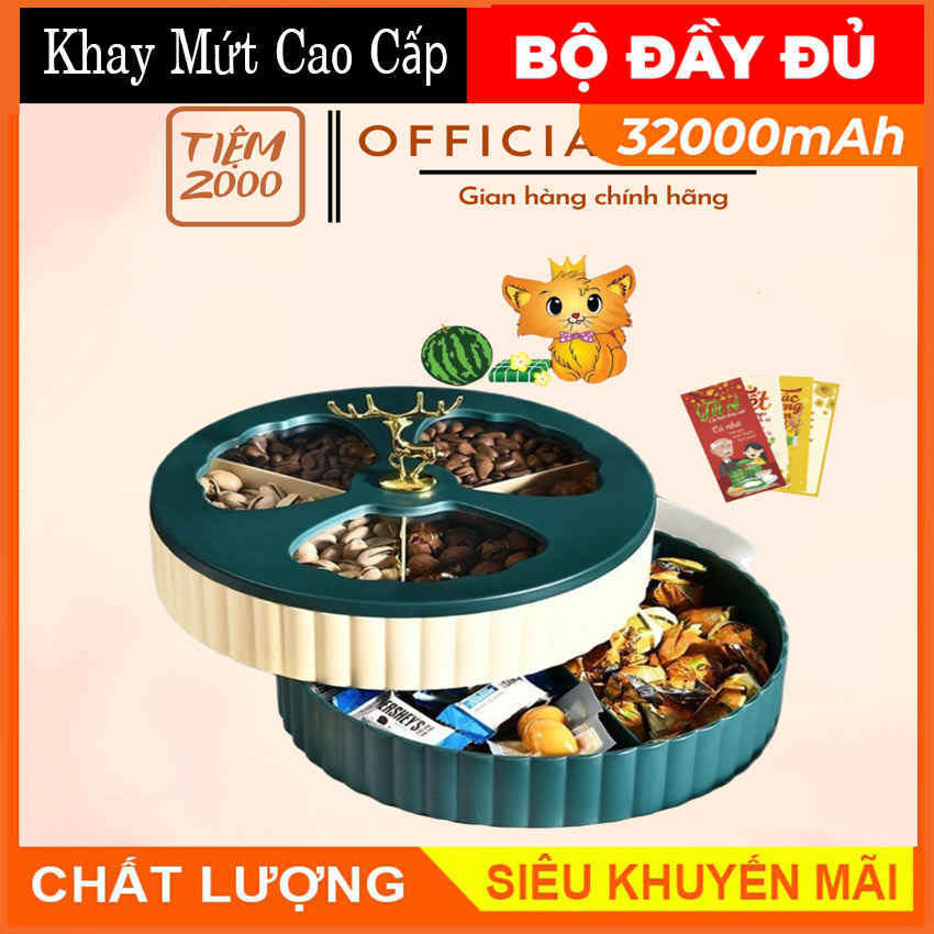 Khay mứt tết - hộp mứt tết 2 tầng hàng cao cấp hình hươu, thiết kế sang trọng, hiện đại phong cách châu âu, khay đựng mứt tết tròn xoay 360 độ, chất liệu nhựa pvc an toàn, hộp đựng mứt, hộp mứt tết, khay đựng mứt tết