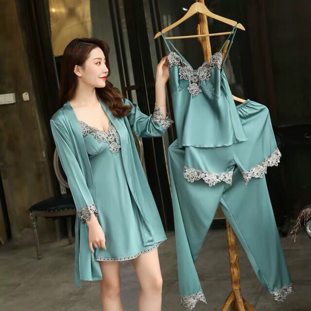 [HCM]Set ngủ lụa 5 món Cao cấp váy ngủ áo dây kèm mút ngực áo choàng Quần dài Quần ngủ ngắn - S657