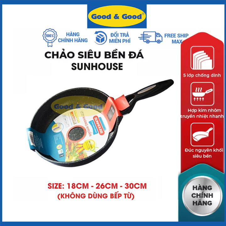 Chảo chống dính sunhouse 18 26 28cm phủ vân đá chống dính sâu lòng cao cấp