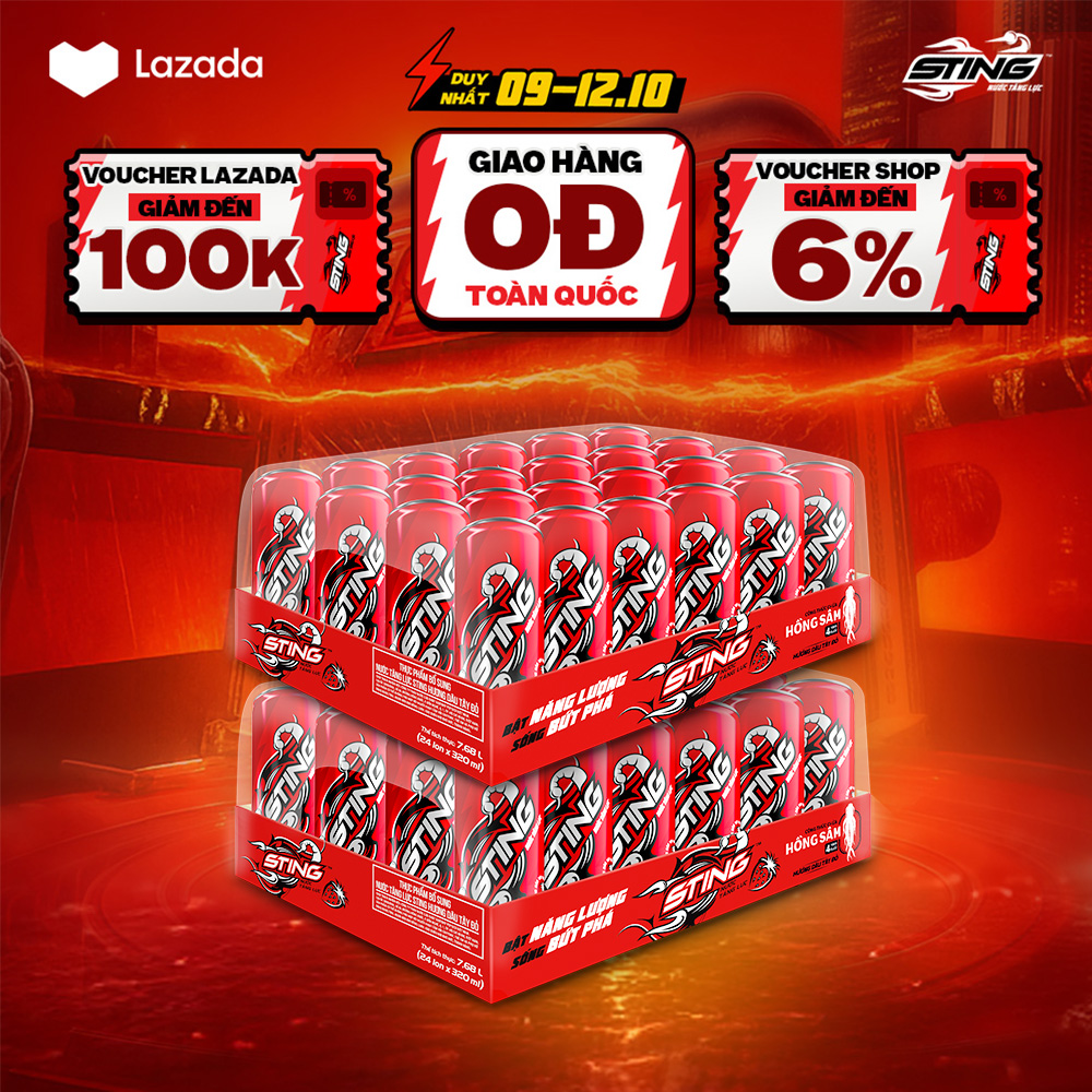 [SALE 10.10-VC ĐẾN 12%] Combo 2 Thùng 24 Lon Nước Tăng Lực Sting Dâu (320ml/lon)