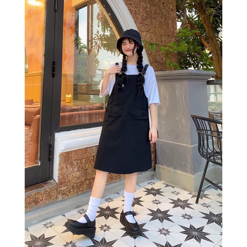 Set váy yếm kaki kèm áo thun siêu cute