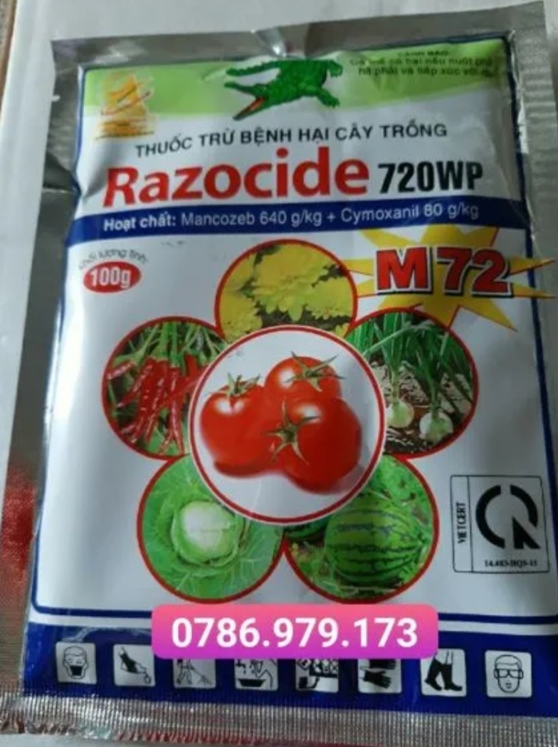 Razocide 720WP (100g) - Phòng trừ bệnh Sương mai, vàng lá, thán thư, rỉ sắt, rong rêu, sẹo trái, xì mủ, loét miệng cạo, chết cây con