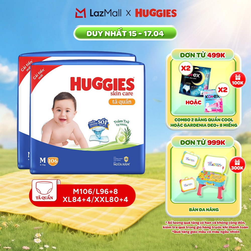 Combo 2 gói Tã/ bỉm quần Huggies Skincare Mega Jumbo M106/L100+4/XL84+4/XXL76+4 với tràm trà dịu da