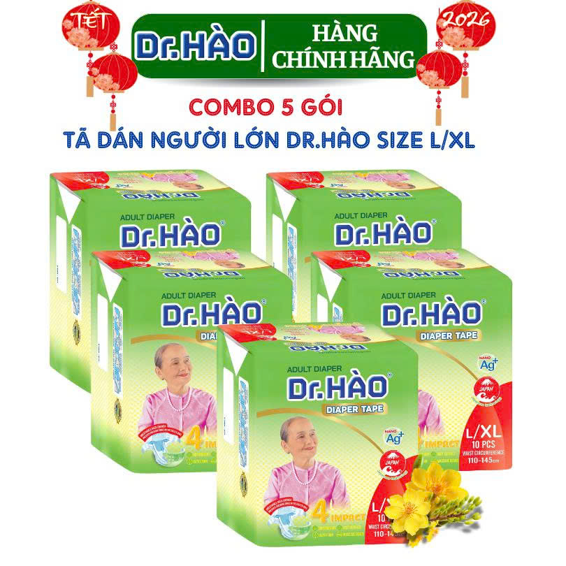 {Hàng chính hãng} Tã Dán Người Lớn Dr. HÀO  Size L/XL 10 Miếng (Combo 5 gói), tã giấy người già Siêu Thấm. Bỉm, tả dán, tả giấy cho người ốm bệnh khử mùi, kháng khuẩn, chống hăm