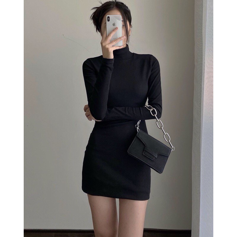 Váy body đen cổ cao tay dài chất len tăm, đầm body nữ