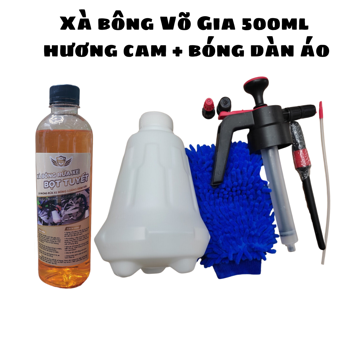 Bao tay rửa xe san hô - Bình xịt bọt tuyết 2L - cọ rửa xe - Xà bông bọt tuyết Võ Gia 500ml