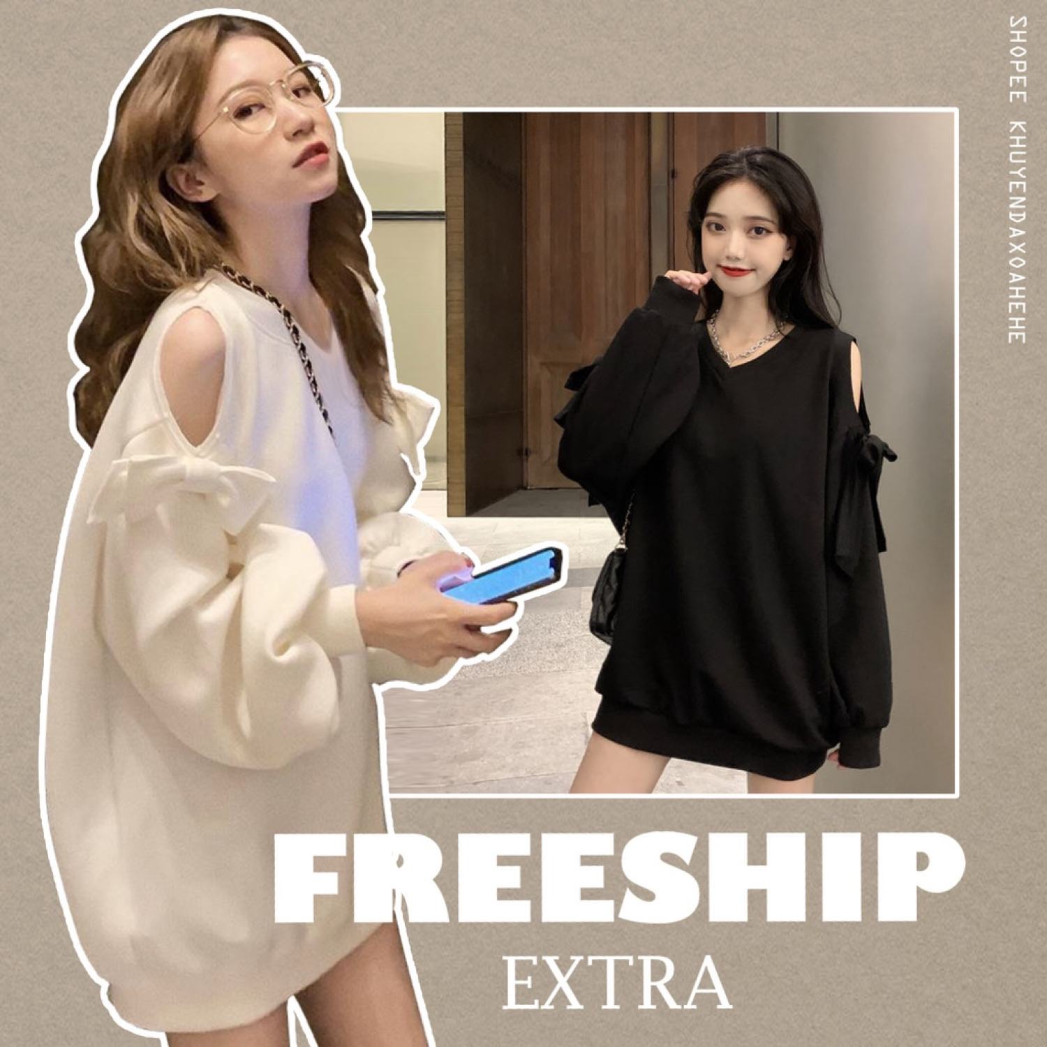 SUA004 Áo sweater thun cổ V đen trắng tay bồng khoét vai nơ babydoll cute thu đông thời trang nữ tính bánh bèo tiểu thư