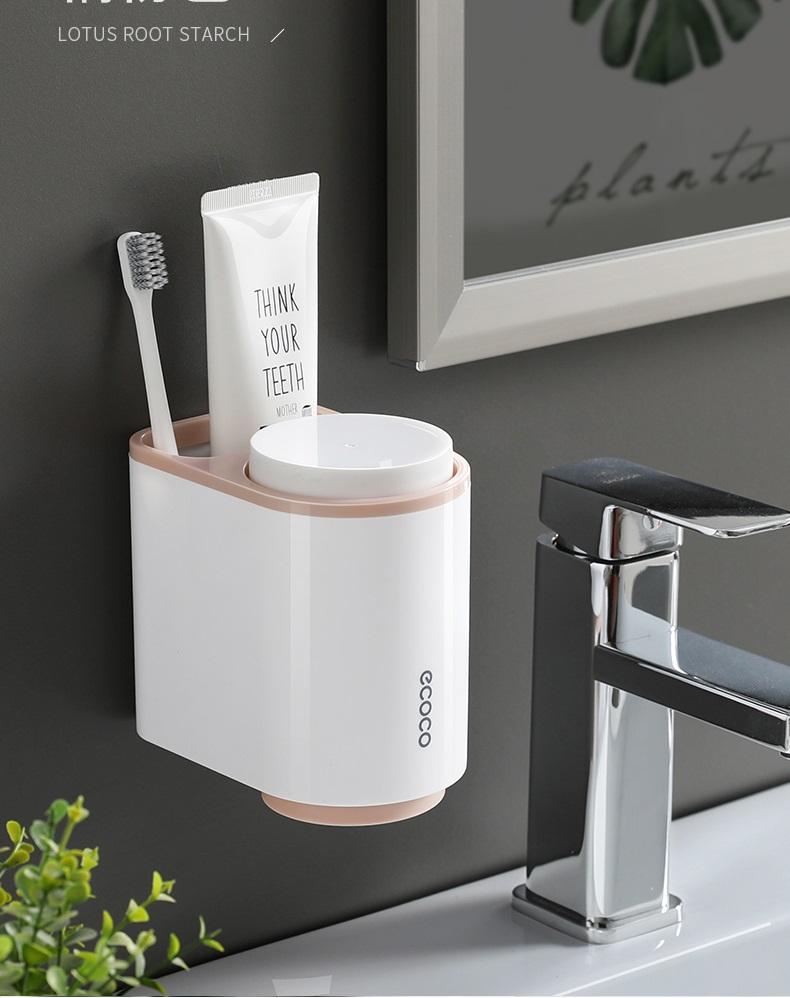 Kệ để bàn chải, kem đánh răng ECOCO có 2 cốc, kèm miếng dán cường lực