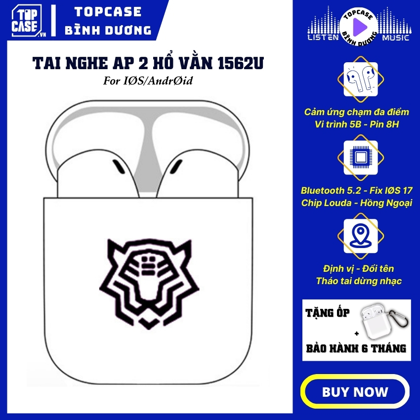 Tai nghe bluetooth không dây 2 hổ vằn 1562u - 2U, chip louda,  pin trâu 8h, bluetooth 5.3, cảm ứng đa điểm, sạc không dây, định vị, đổi tên, bảo hành 6 tháng [Tặng Ốp] - Topcase Bình Dương