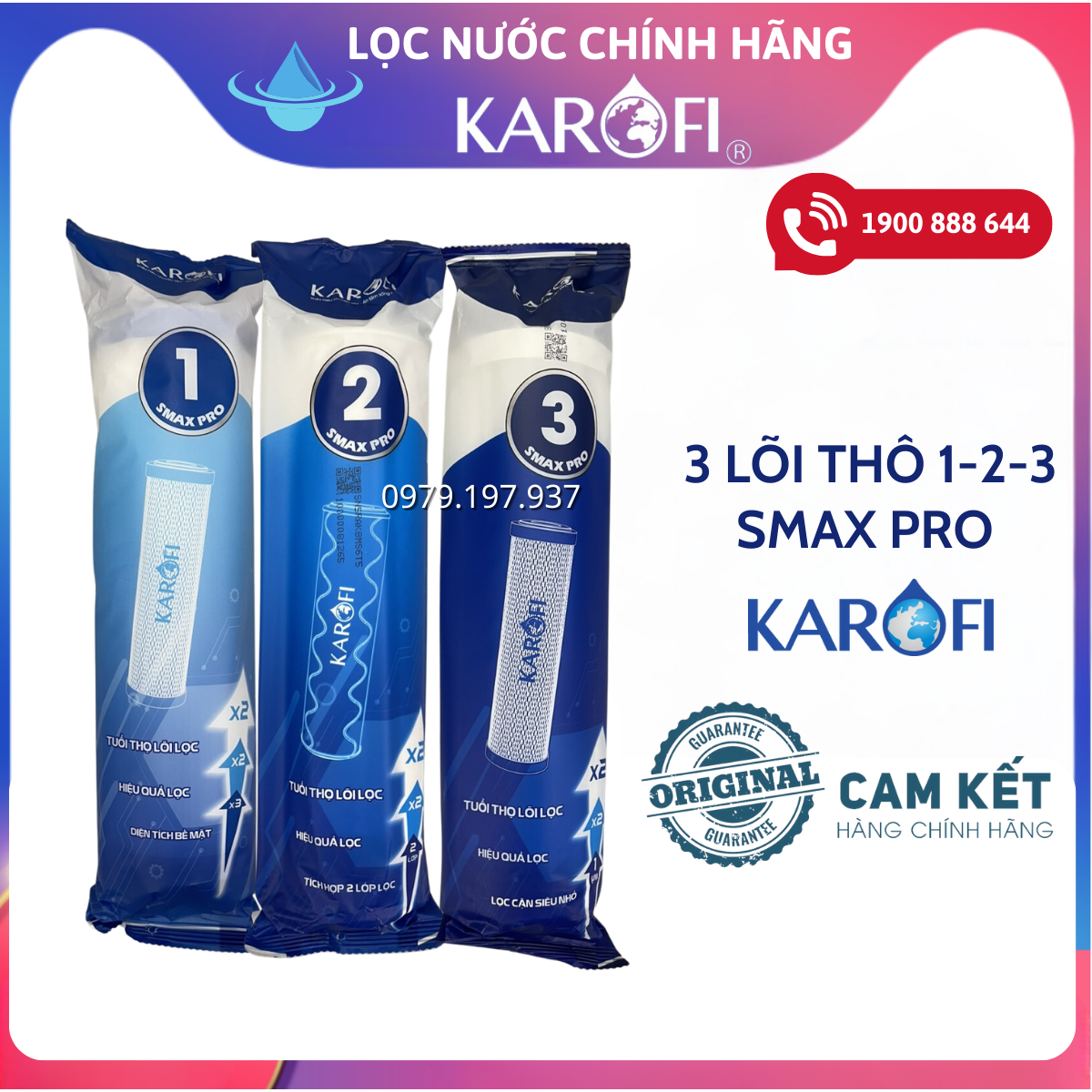 Bộ 3 Lõi lọc thô 123 Smax Pro KAROFI thay thế cho dòng 123 Smax Duo (có tem xác thực Karofi)