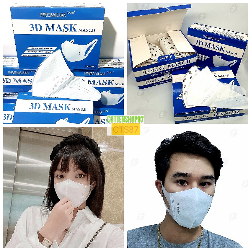 Hộp 50 cái khẩu trang 3D mask Masuji, khẩu trang 3D công nghệ Nhật Bản, kháng khuẩn kháng bụi mịn, dây đeo co dãn, hàng chính hãng, cotienshop87