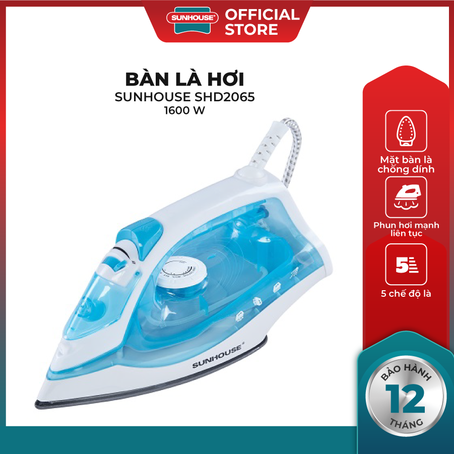 Bàn Là Hơi SUNHOUSE SHD2065 - Công Suất 1600W - Thân Nhựa ABS Chịu Nhiệt Tốt - Mặt Bàn Là Chống Dính - Phun Hơi Liên Tục - Tiện Lợi Với 5 Chế Độ Là - Hàng Chính Hãng