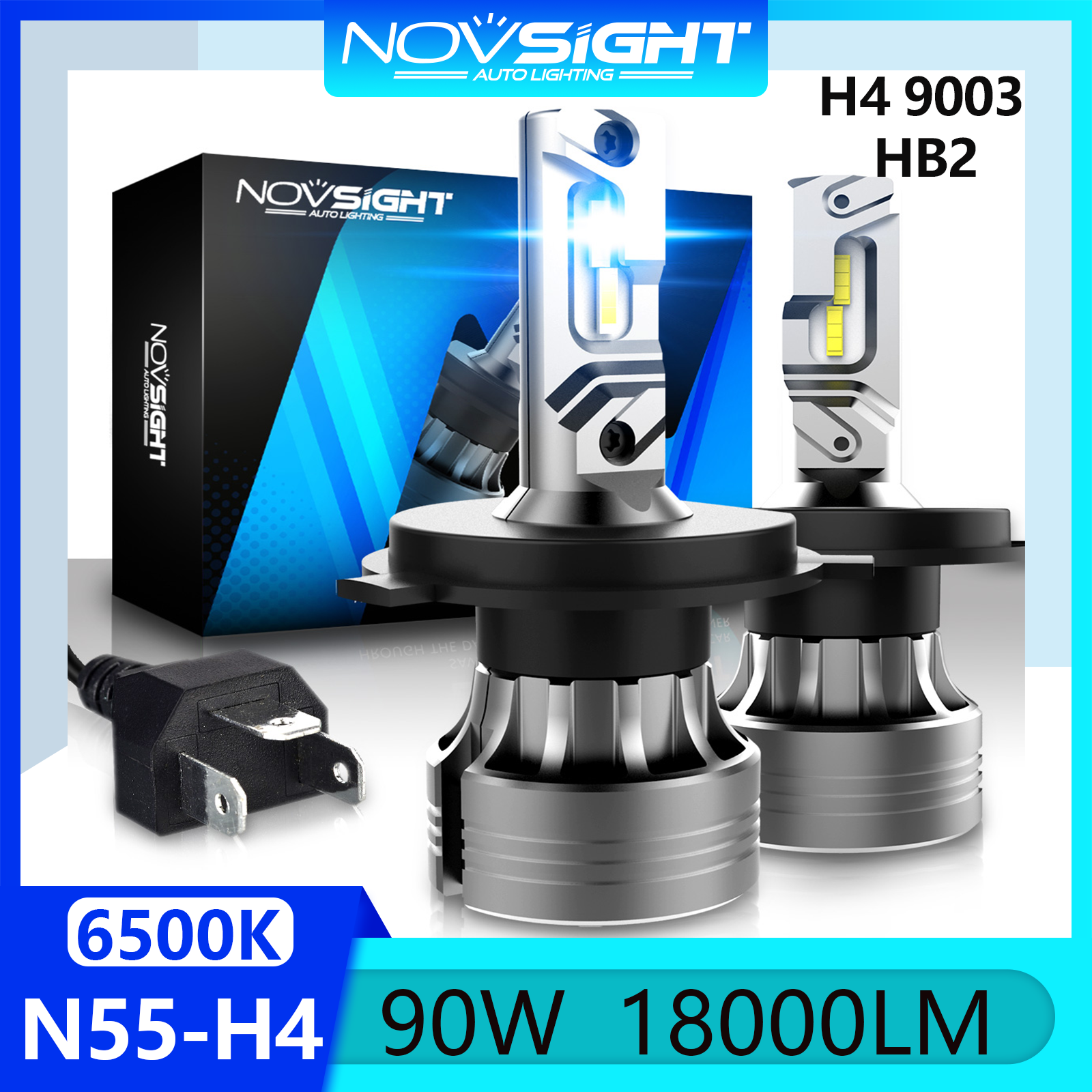 Novsight N55 9003 HB2 H4 Led Headlight Bulb Kit 6500K Super Bright Led Lights for Car High/Low Beam Fog Light 60W 10000LM Plug&Play Ready Stock 1 Pair 2 PCS 1 Year Warranty Free Shipping Giá 708,960 Đồng*Miễn phí vận chuyển