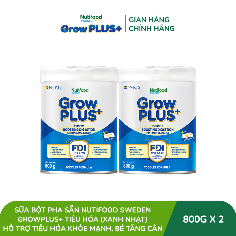 Combo 2 Sữa bột Nutifood Sweden GrowPLUS+ Tiêu Hóa (Xanh Nhạt)  - Hỗ trợ tiêu hóa khỏe mạnh, bé tăng cân (Lon 800g)