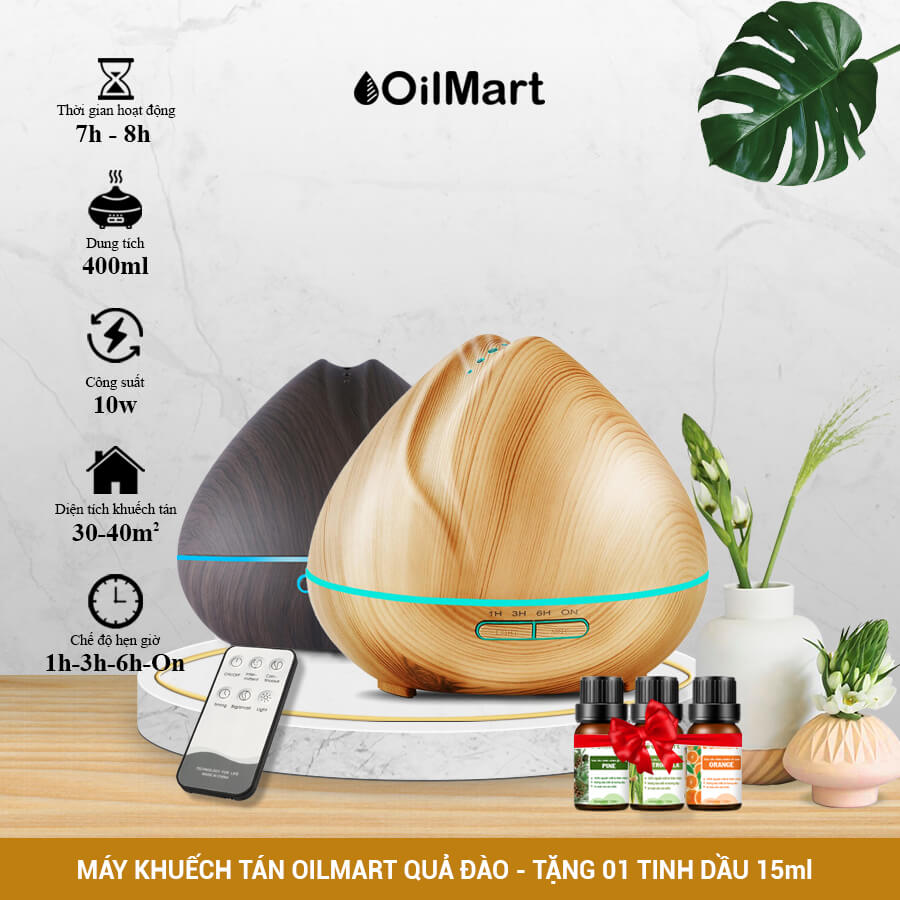 Máy Khuếch Tán Tinh Dầu Oilmart Quả Đào - 10W 400ml (Kèm remote) Dùng xông tinh dầu thơm phòng, đuổi muỗi