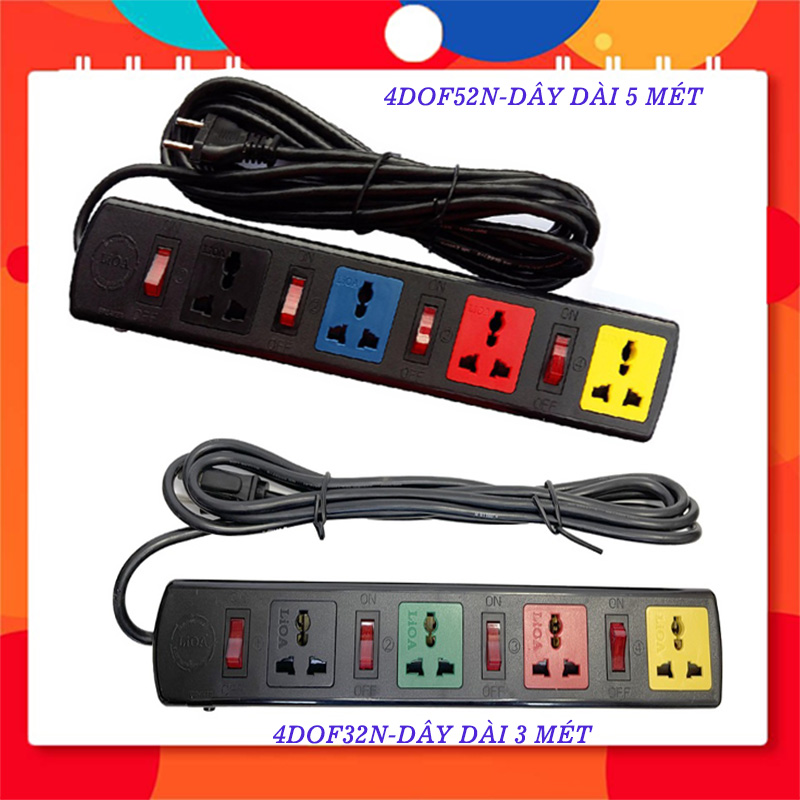 Ổ cắm điện đa năng lioa, 2200w, 4 ổ cắm đa năng, 4 công tắc, dây dài 3 mét - 5 mét, 4dof32n - 4dof52n, màu đen