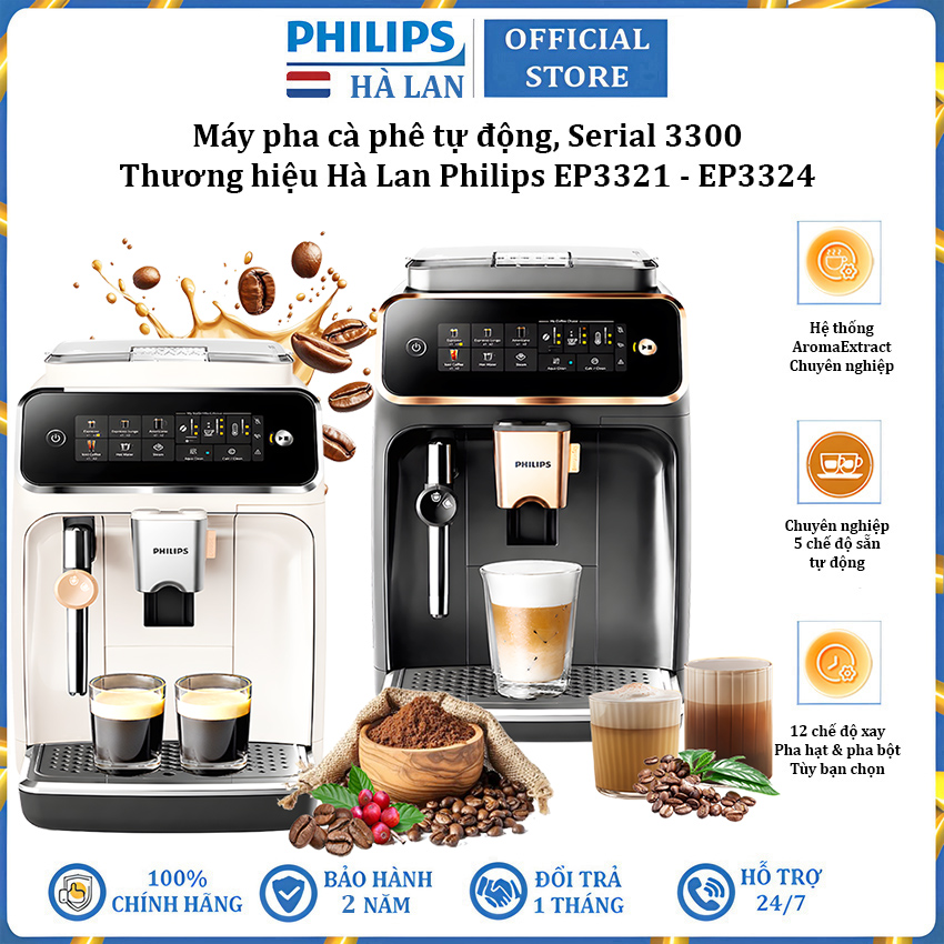 Máy pha cà phê tự động Espresso 5 trong 1 thương hiệu Hà Lan cao cấp Philips EP3321 - EP3324 Serial 3300 - Áp suất 15bar