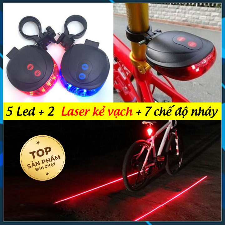 Đèn xe đạp chiếu hậu đèn led 7 chế độ và laser 2 chế độ màu xanh