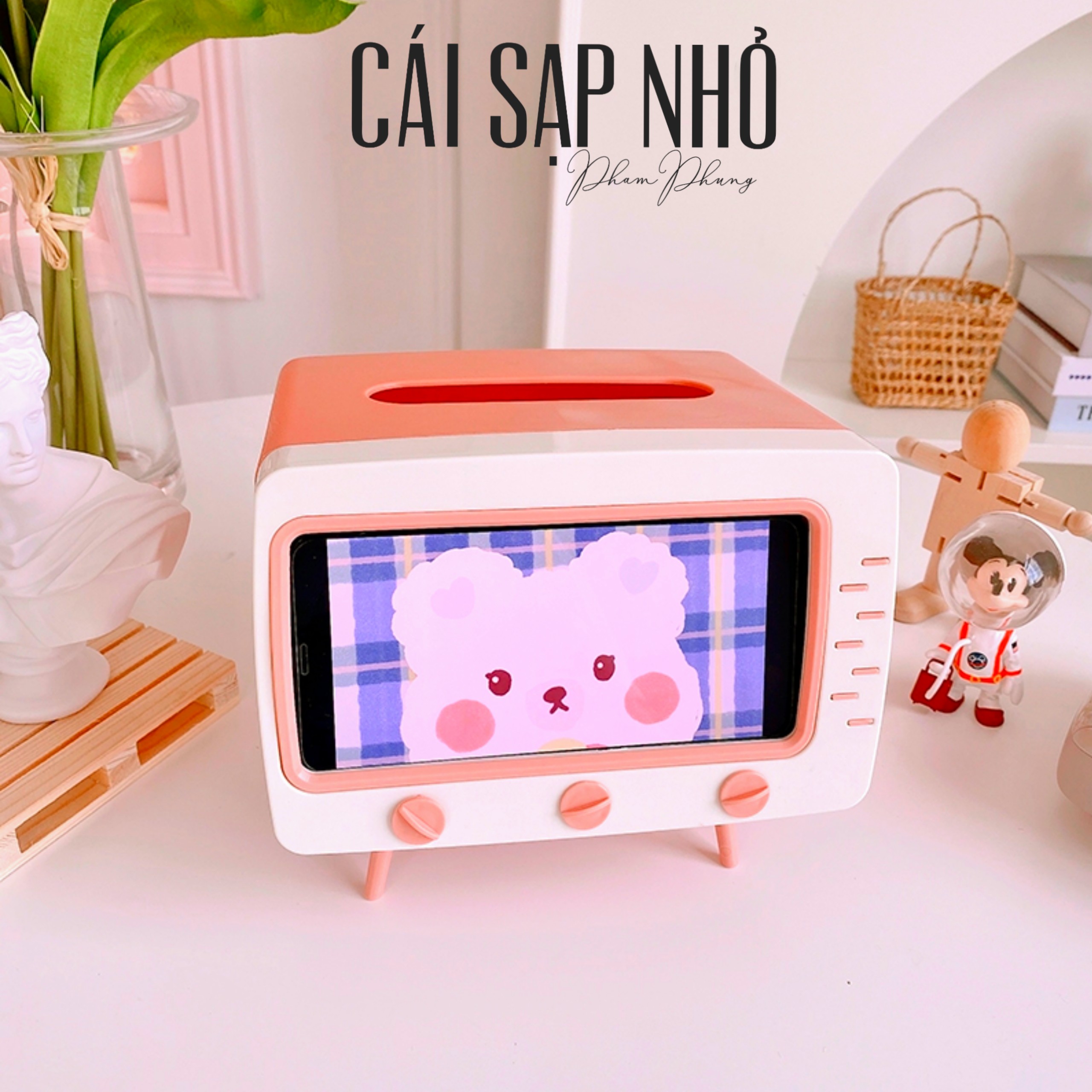 Hộp đựng khăn giấy và dựng điện thoại để xem hình ti vi siêu dễ dễ thương