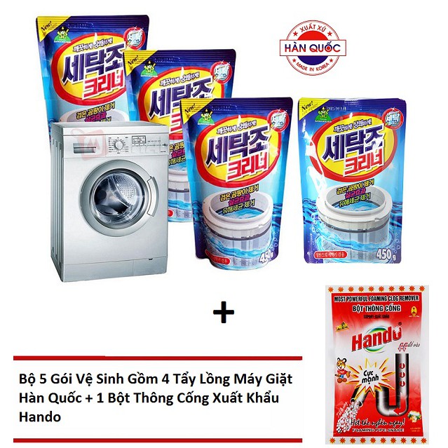 Bộ 5 gói vệ sinh gồm 4 Tẩy lồng máy giặt hàn quốc siêu sạch Sandokkaebi + Bột thông cống xuất khẩu Hando