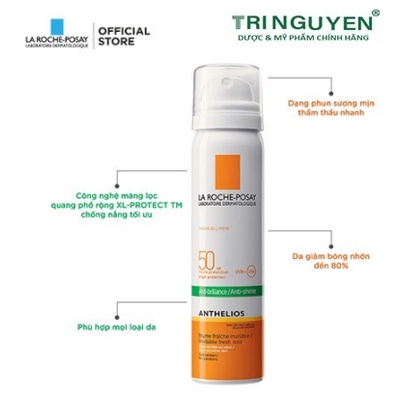 Xịt chống nắng giảm bóng nhờn bảo vệ da trước tác hại tia UVA/UVB La Roche-Posay Anthelios Anti-Shine Mist 75ml