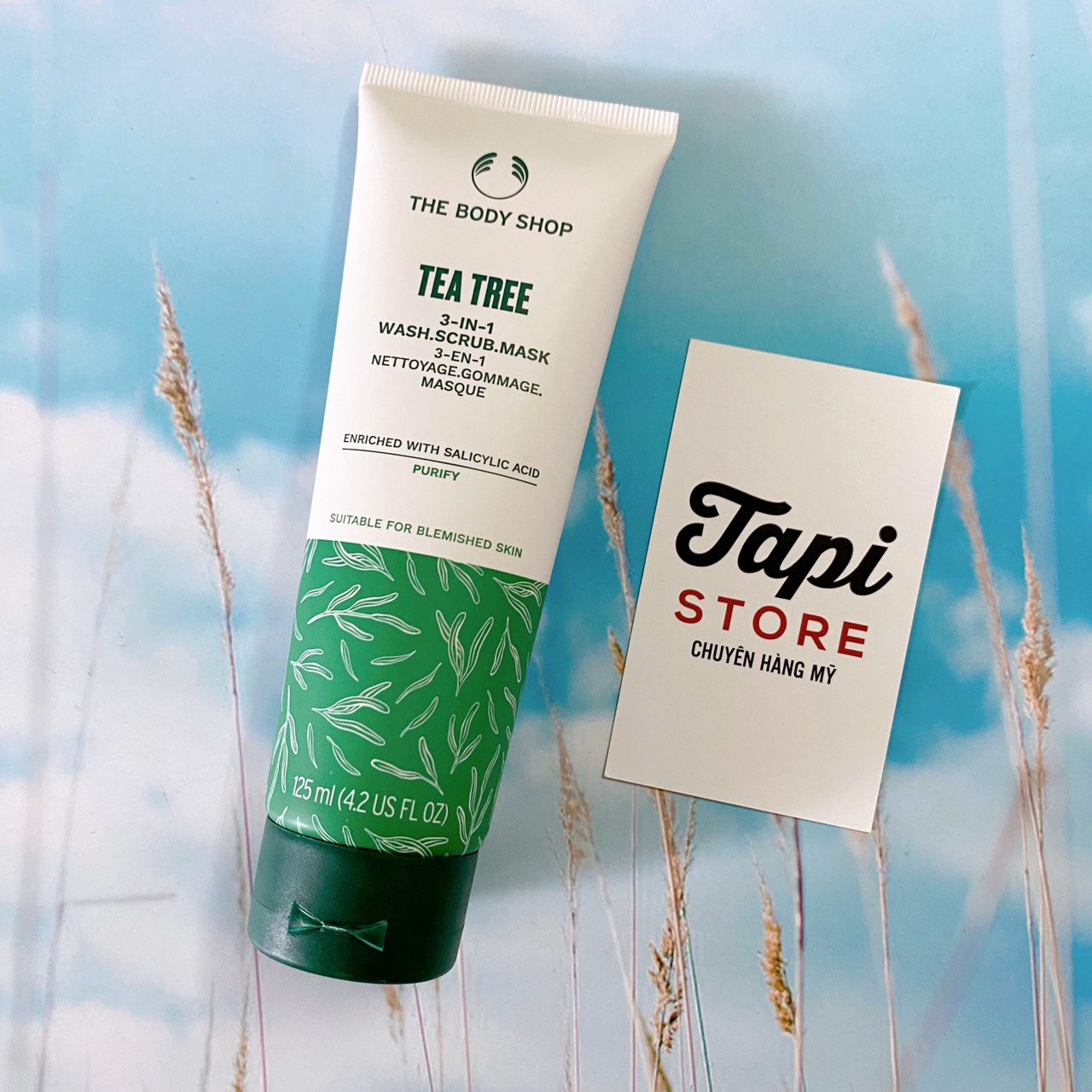 Tuýp 3 trong 1 rửa mặt – tẩy tế bào chết – mặt nạ the body shop tea tree 3-in-1 wash scrub mask