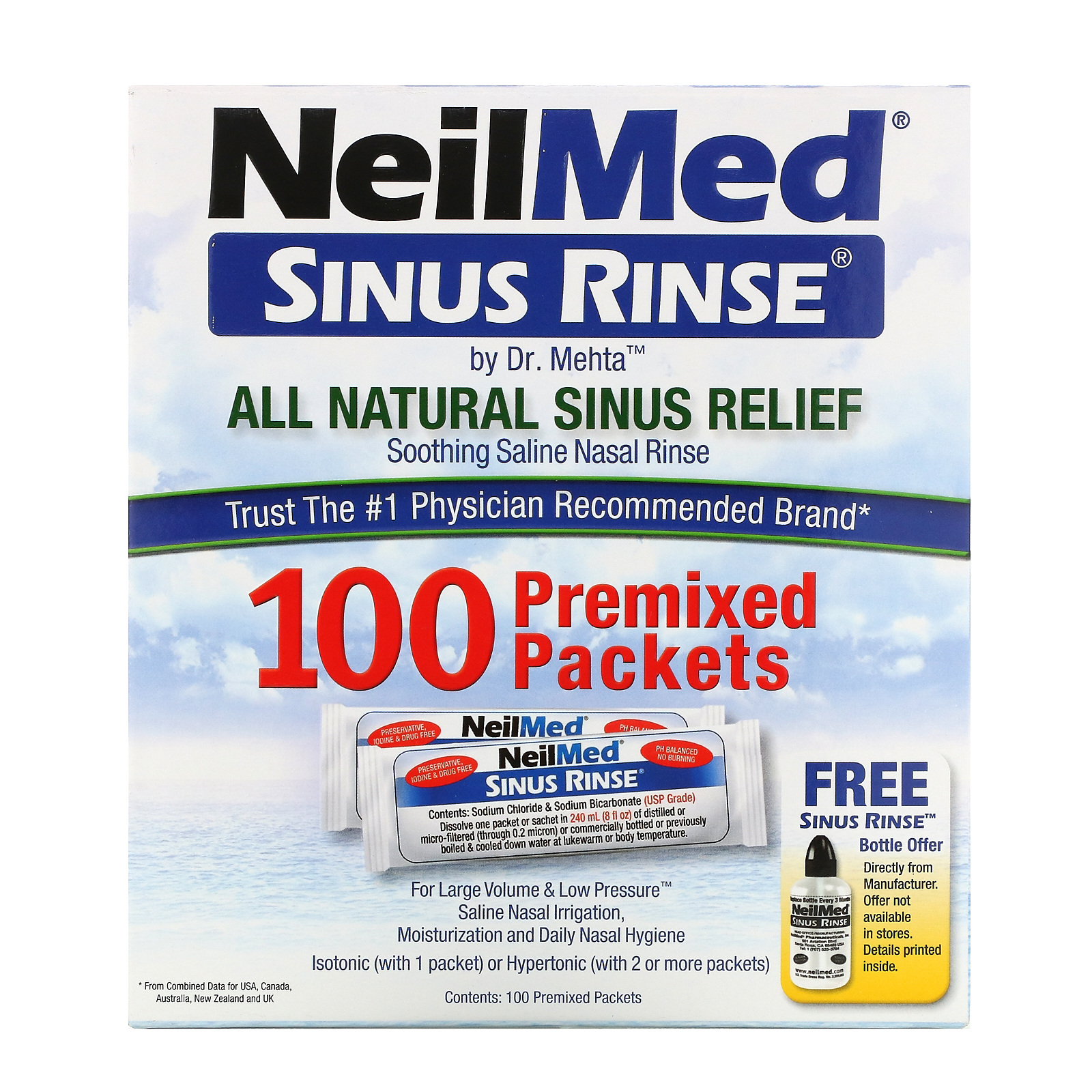 [HÀNG MỸ] NƯỚC MUỐI RỬA MŨI (NƯỚC MUỐI SINH LÝ) NEILMED SINUS RINSE 100 GÓI MỸ