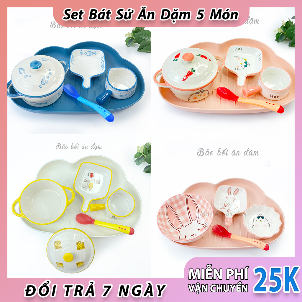Set bát sứ dễ thương dành cho bé ăn dặm, tặng muỗng báo nóng
