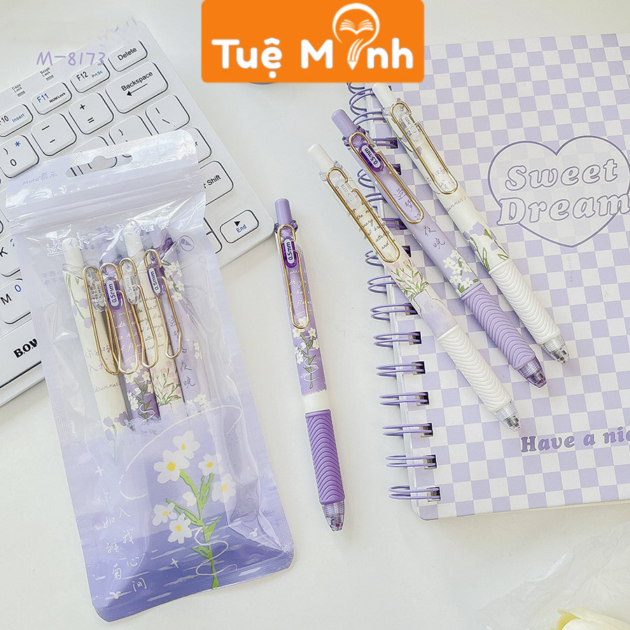 Bút bi bấm vintage B72 mực gel Hoa Cúc tím , viết mực đen nét 0.5mm bút viết dễ thương