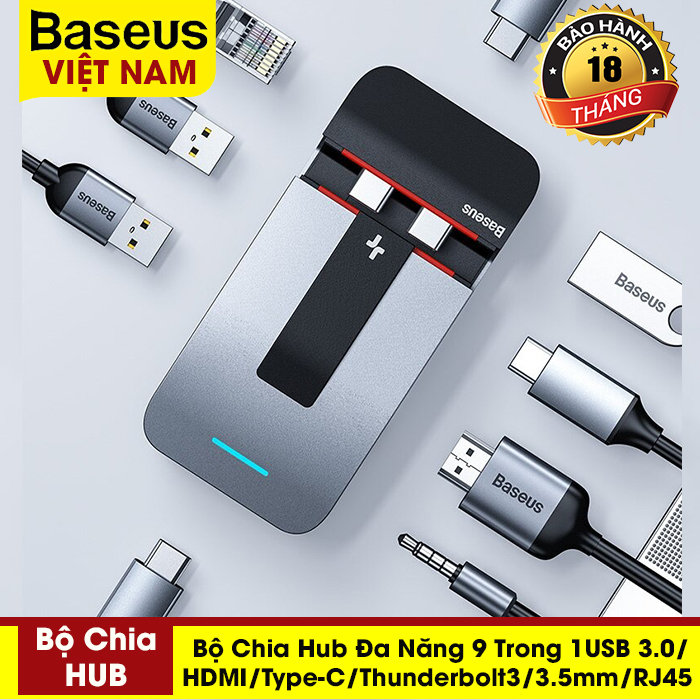 [BẢO HÀNH 12 THÁNG] Bộ chia Hub đa năng Baseus 9in1 3USB3.0 / Type-C / HDMI/ Jack 3.5mm / RJ45 / 2Thunderbolt3 cho MacBook Pro Air