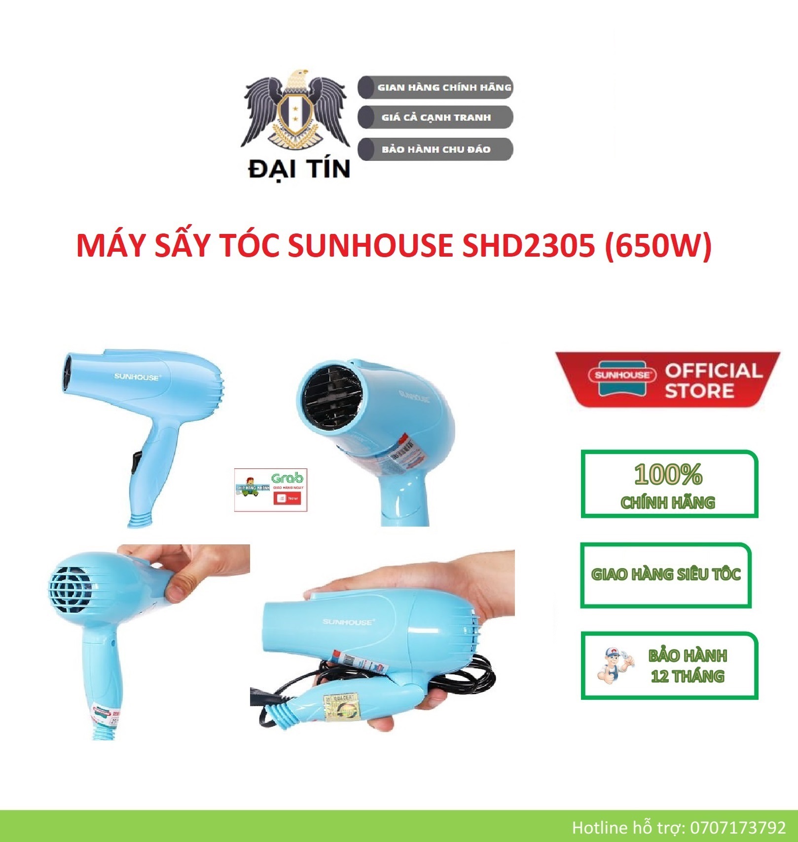 Shd2305 – máy sấy tóc sunhouse 650w – bảo hành chính hãng 12 tháng
