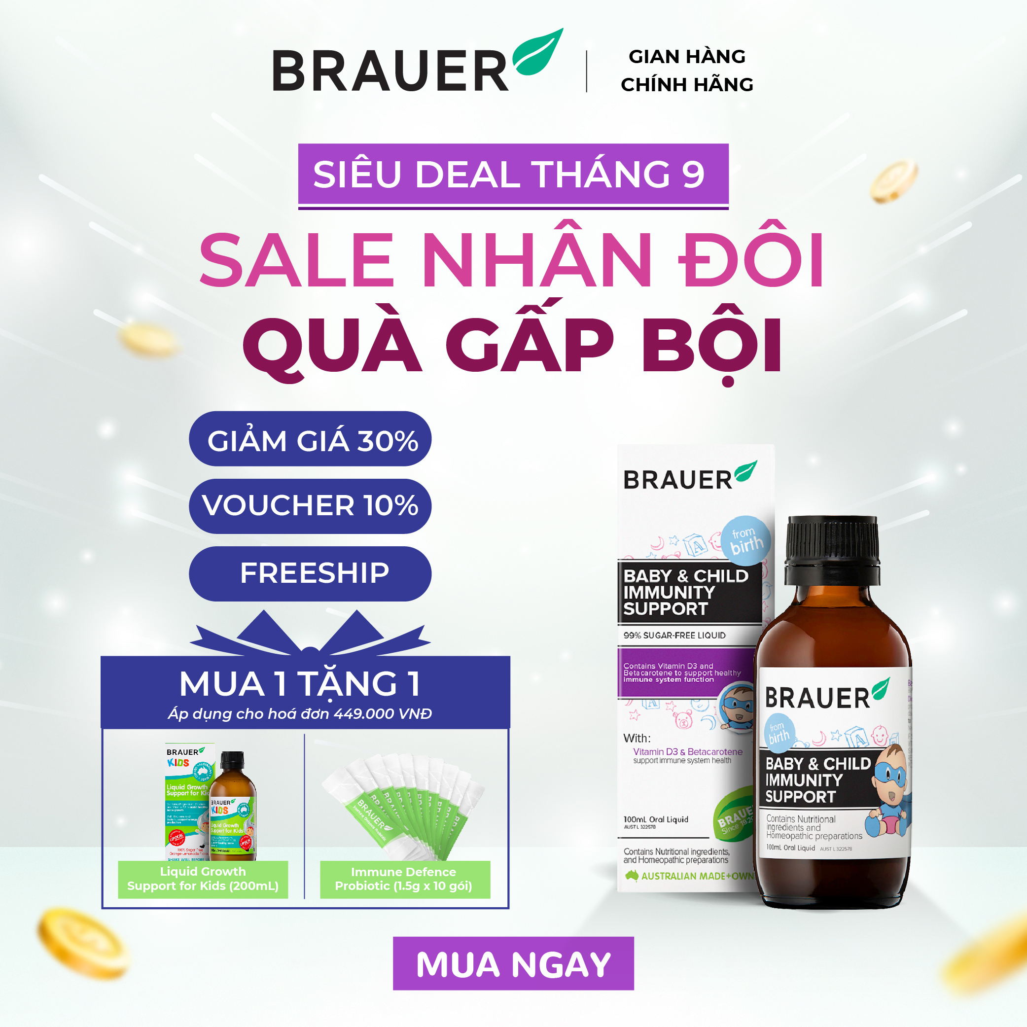 Siro BRAUER Baby & Child Immunity Support - Hỗ trợ Tăng cường Hệ miễn dịch & Đề kháng (100ml)