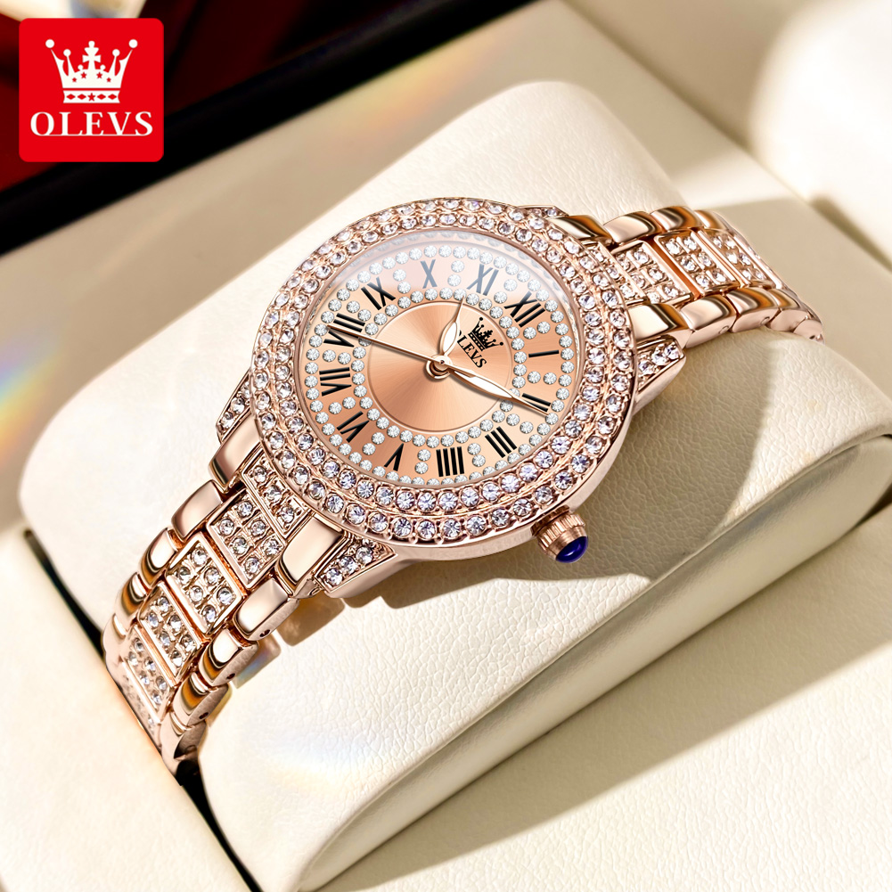 Olevs Ladies Watch for Women Original Waterproof Fashion Stainless Steel Diamond Strap Roman Face Dial Casual Watch with Gift box