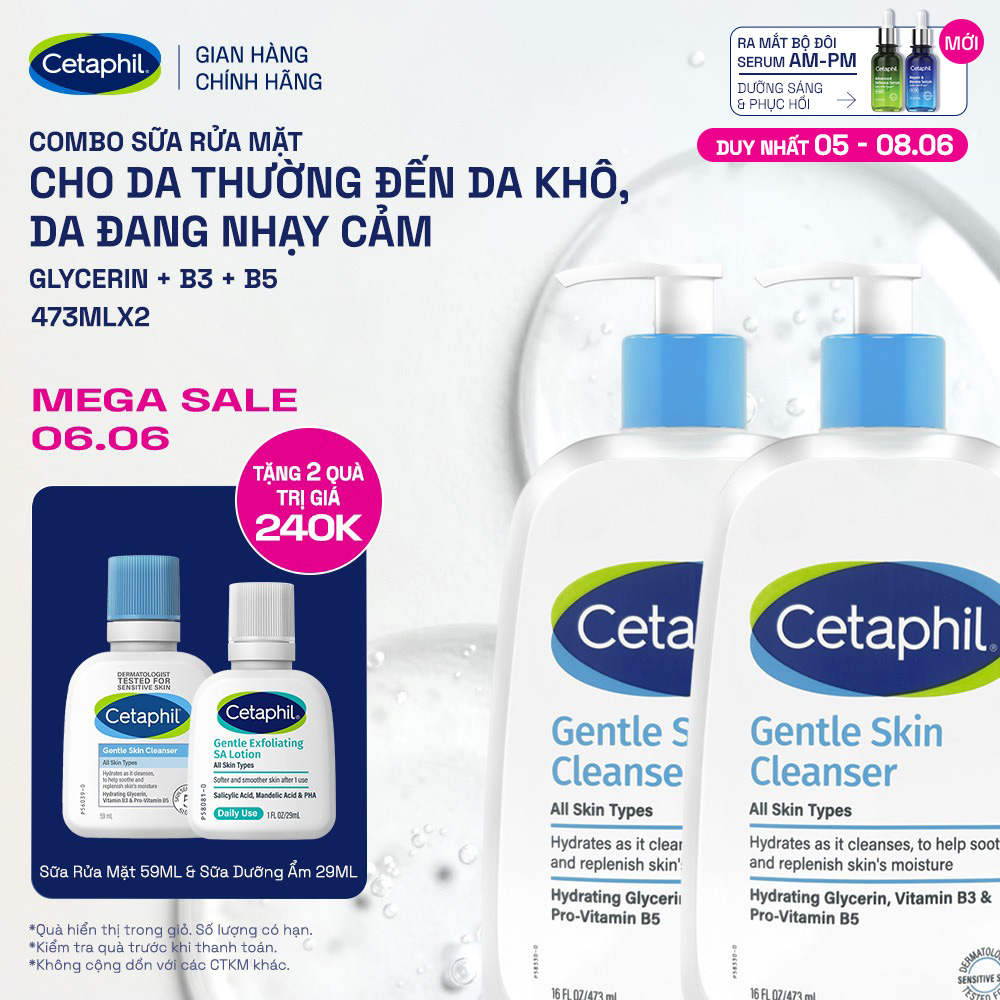 Combo 2 Sữa rửa mặt dịu lành cho da nhạy cảm Cetaphil Gentle Skin Cleanser 473ml