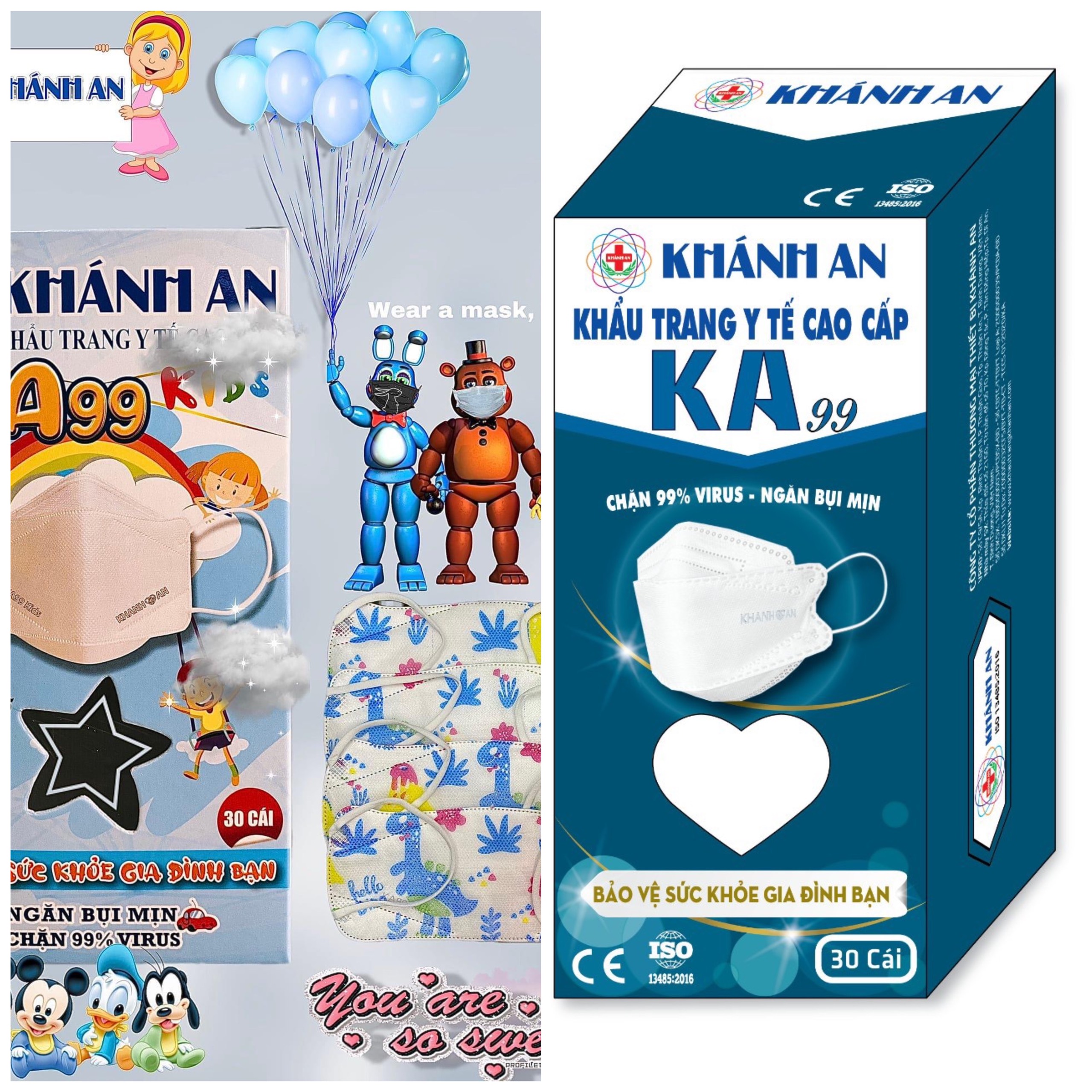 Combo khẩu trang KF94 4D KA99 4 lớp dành cho người lớn và trẻ em kháng khuẩn, ngăn 99% virut