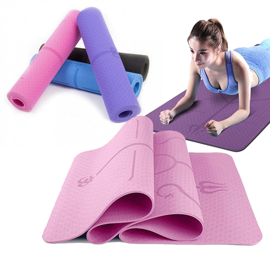 Thảm tập yoga 2 lớp loại dày 6mm chống trơn trượt, thảm yoga định tuyến, thảm tập gym, thảm tập fitness tại nhà, phòng tập, thảm tập thể dục tại nhà 2 lớp chất liệu tpe cao su non chống thấm, yoga mat