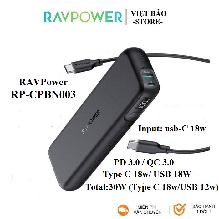 Pin sạc dự phòng ravpower rp-cpbn003 15000mah 30w 2 cổng siêu bền pd3.0 18w - usb 12w
