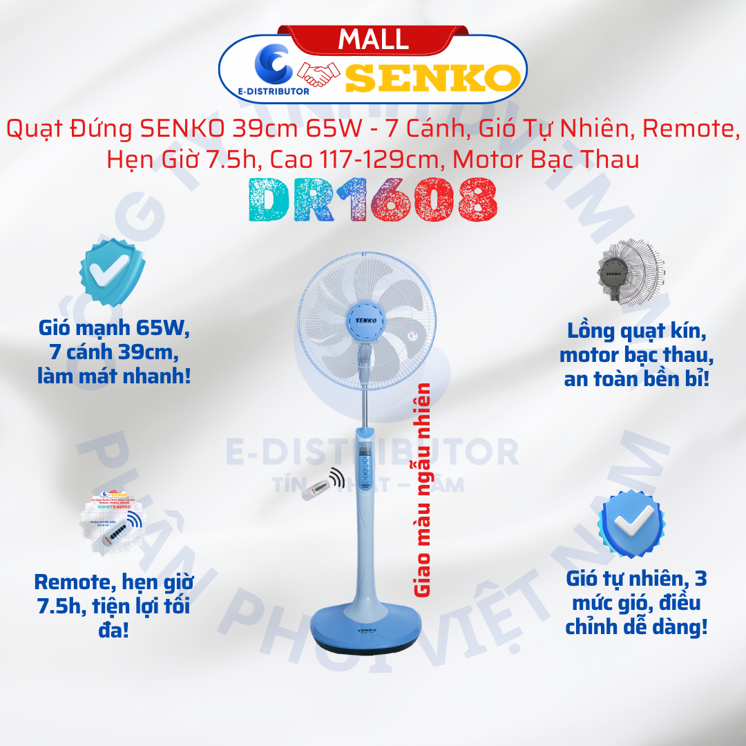Quạt Đứng Điều Khiển Từ Xa Senko DR1608 - Công Suất 65w - Có Chức Năng Hẹn Giờ - Hàng Chính Hãng - Bảo Hành 24 Tháng