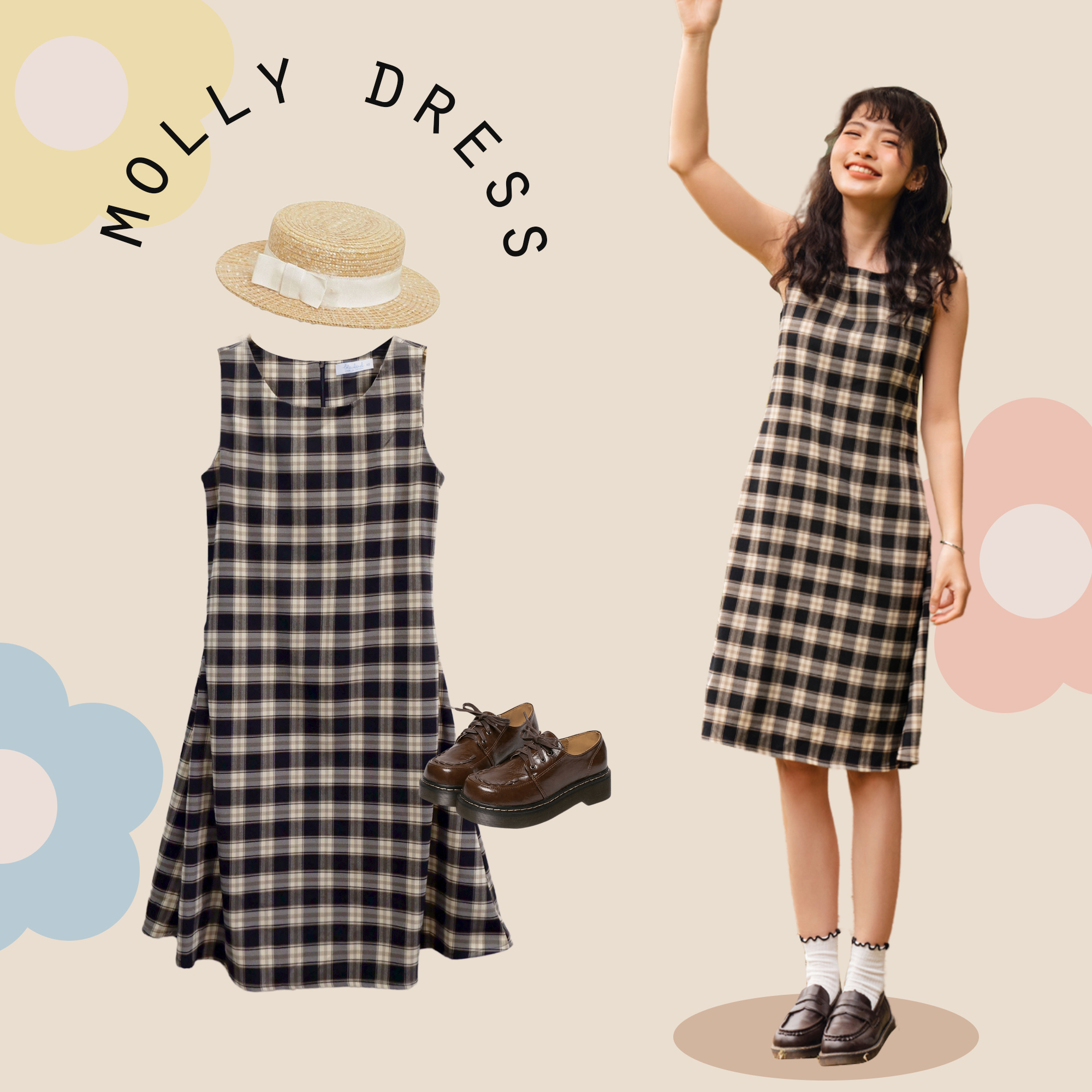 BLEUBIRD Váy caro dáng A xếp ly sườn Molly Dress